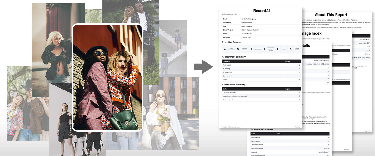 A set of retouched fashion images becoming a RecordAI AI Transparency Report.