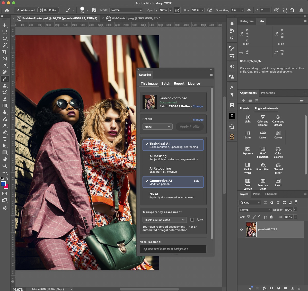 The RecordAI panel in Photoshop next to a fashion photo, with Technical AI and Generative AI recorded for the image.