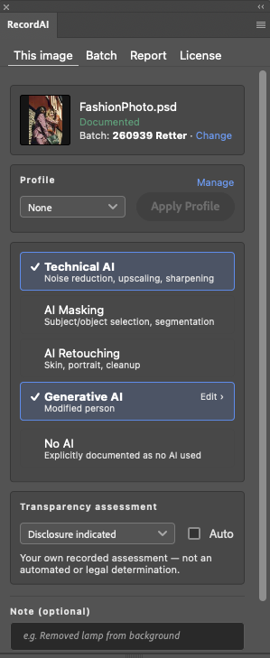 The RecordAI panel with Technical AI and Generative AI recorded.