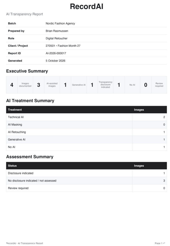 The first page of a RecordAI AI Transparency Report.
